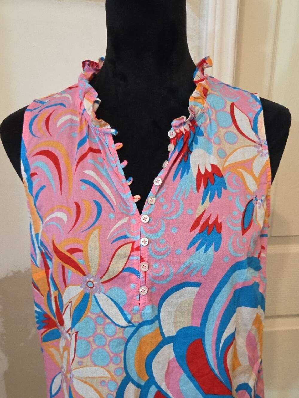 Talbots Pink Floral-Print Ruffle Henley Camisole Sleeveless Button Summer Light - Picture 2 of 8